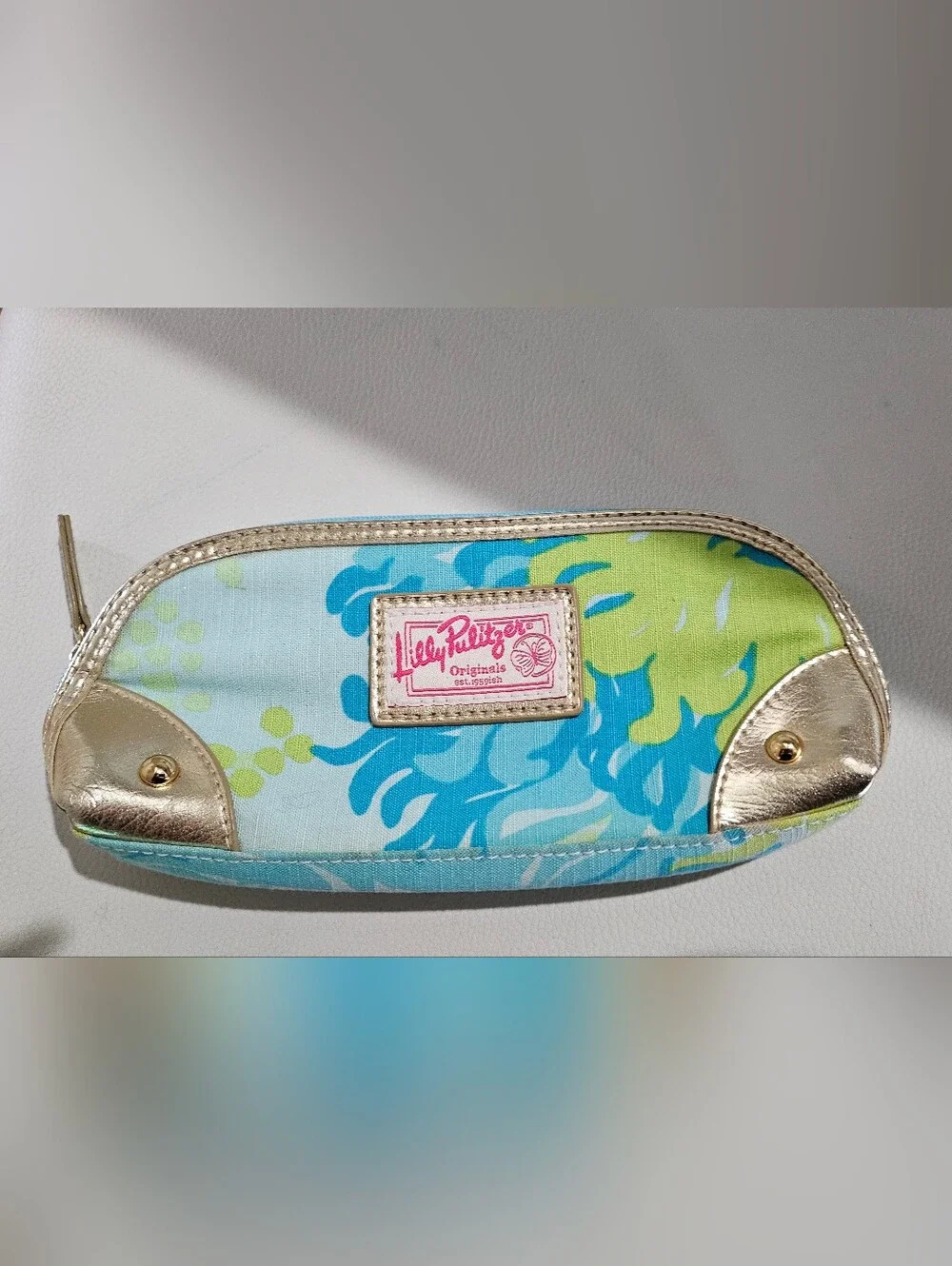 Lilly Pulitzer Originals Cosmetic Makeup Bag Blue Green Floral Gold Trim